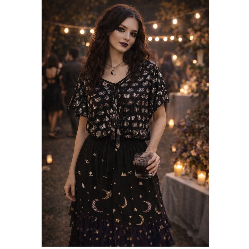Whimsigoth Dark Fairy Glam Career Blackā Silver Floral Shimmer Disco Shiny L Top